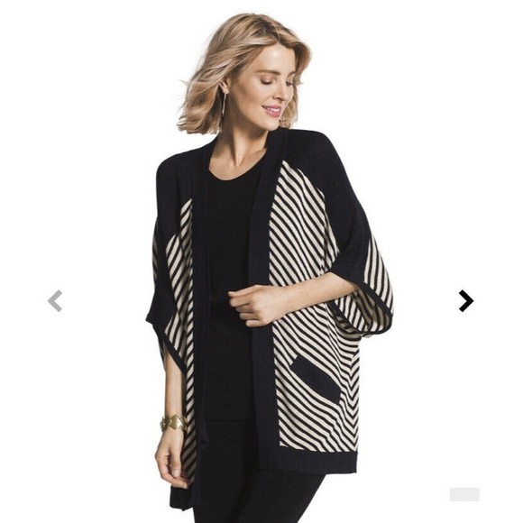 Chico’s Travelers Navy Blue And Golden Beige Shimmer Cardiagn Size 2 Or Large - Picture 1 of 7